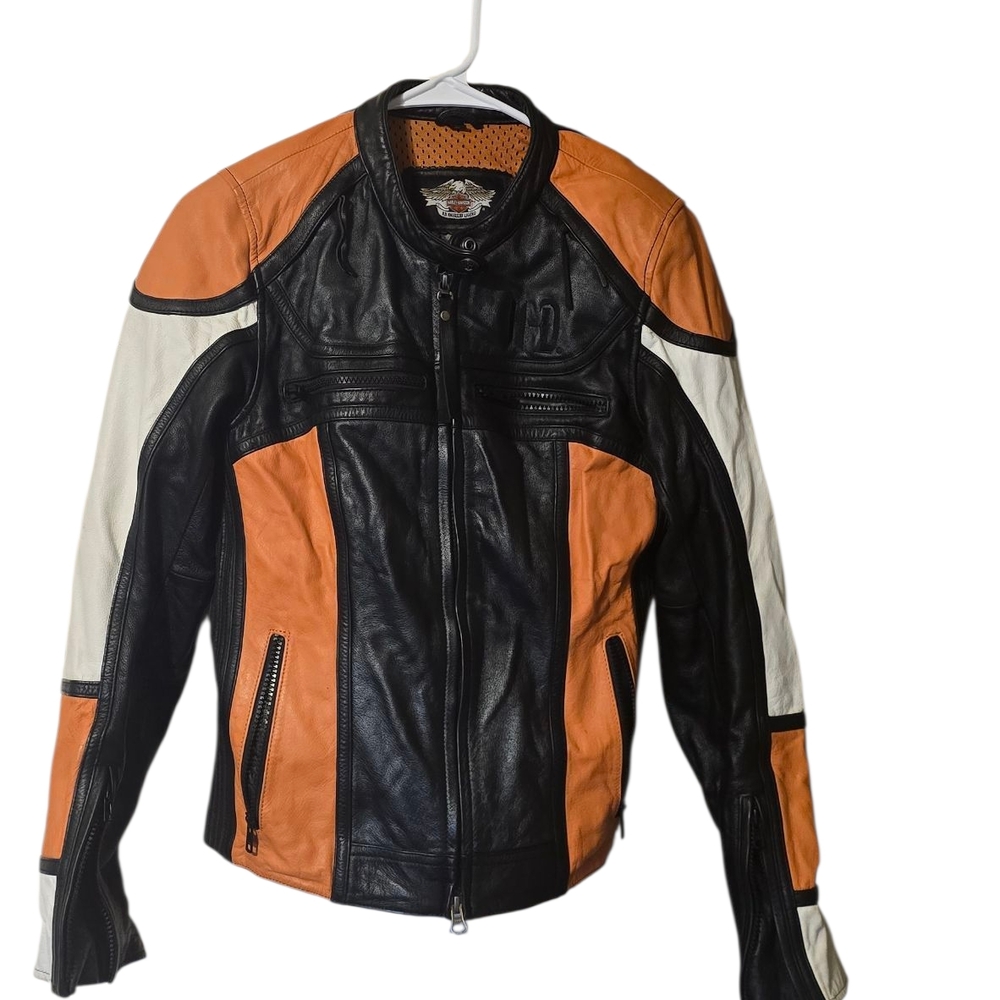 Harley-Davidson Black, Orange, and White Leather Jacket